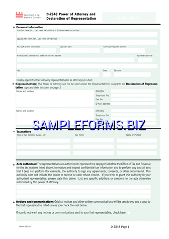 District of Columbia Tax Power of Attorney Form 1 pdf free