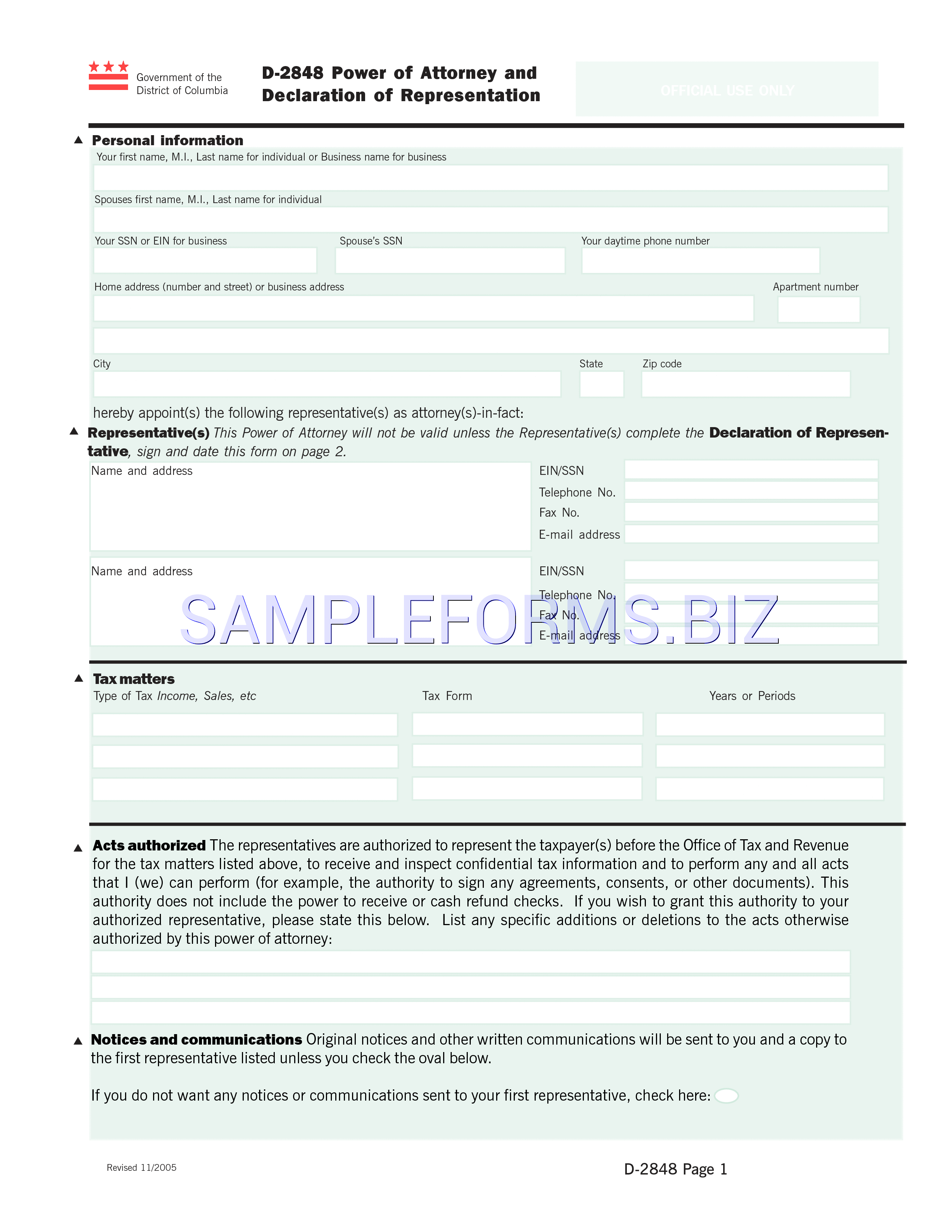 Preview free downloadable District of Columbia Tax Power of Attorney Form 1 in PDF (page 1)